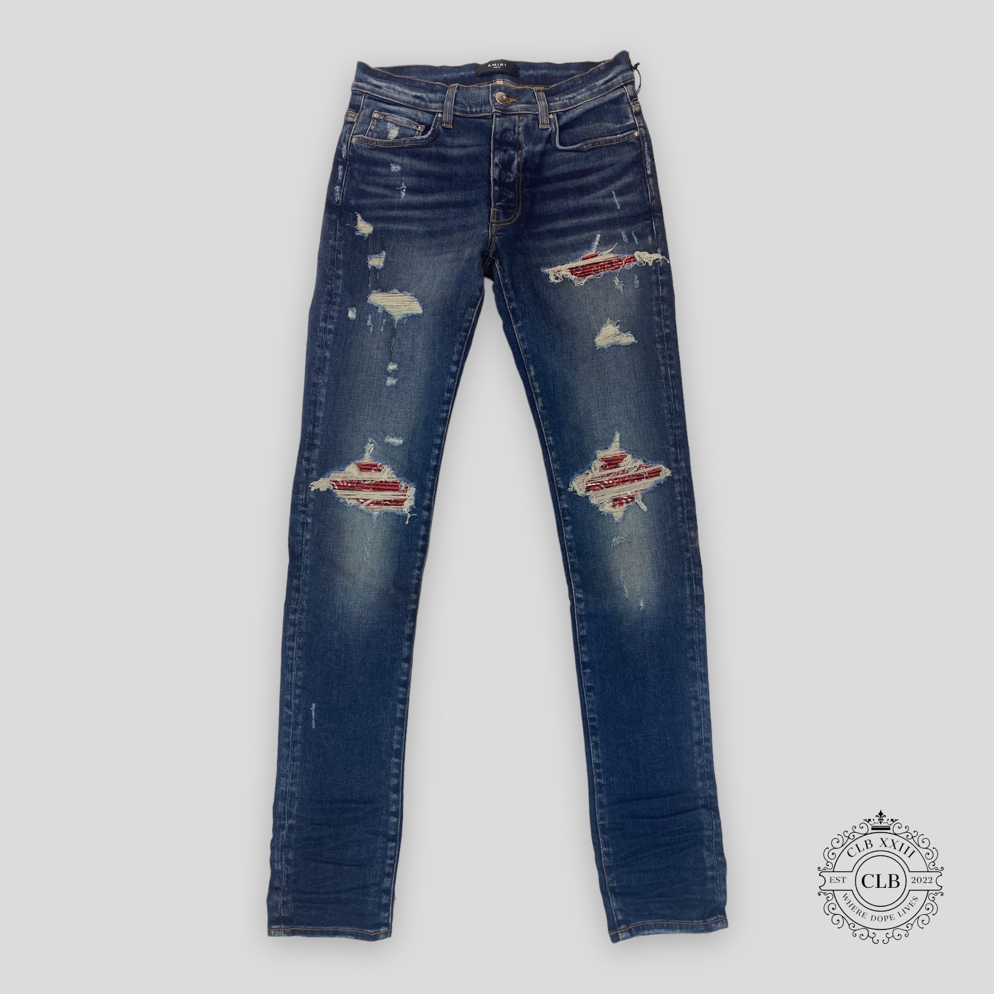 AMIRI MX1 RED BANDANA PATCH JEANS - DEEP CLASSIC INDIGO