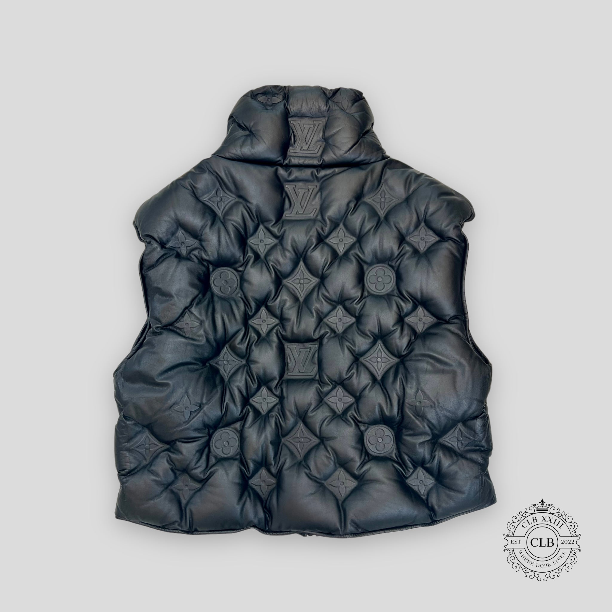 LOUIS VUITTON MONOGRAM EMBOSSED BOYHOOD PUFFER LEATHER VEST - BLACK