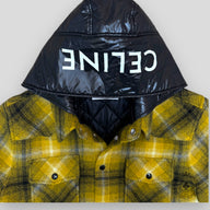 Celine Homme Logo Nylon Trim Flannel Hooded Overshirt in Yellow