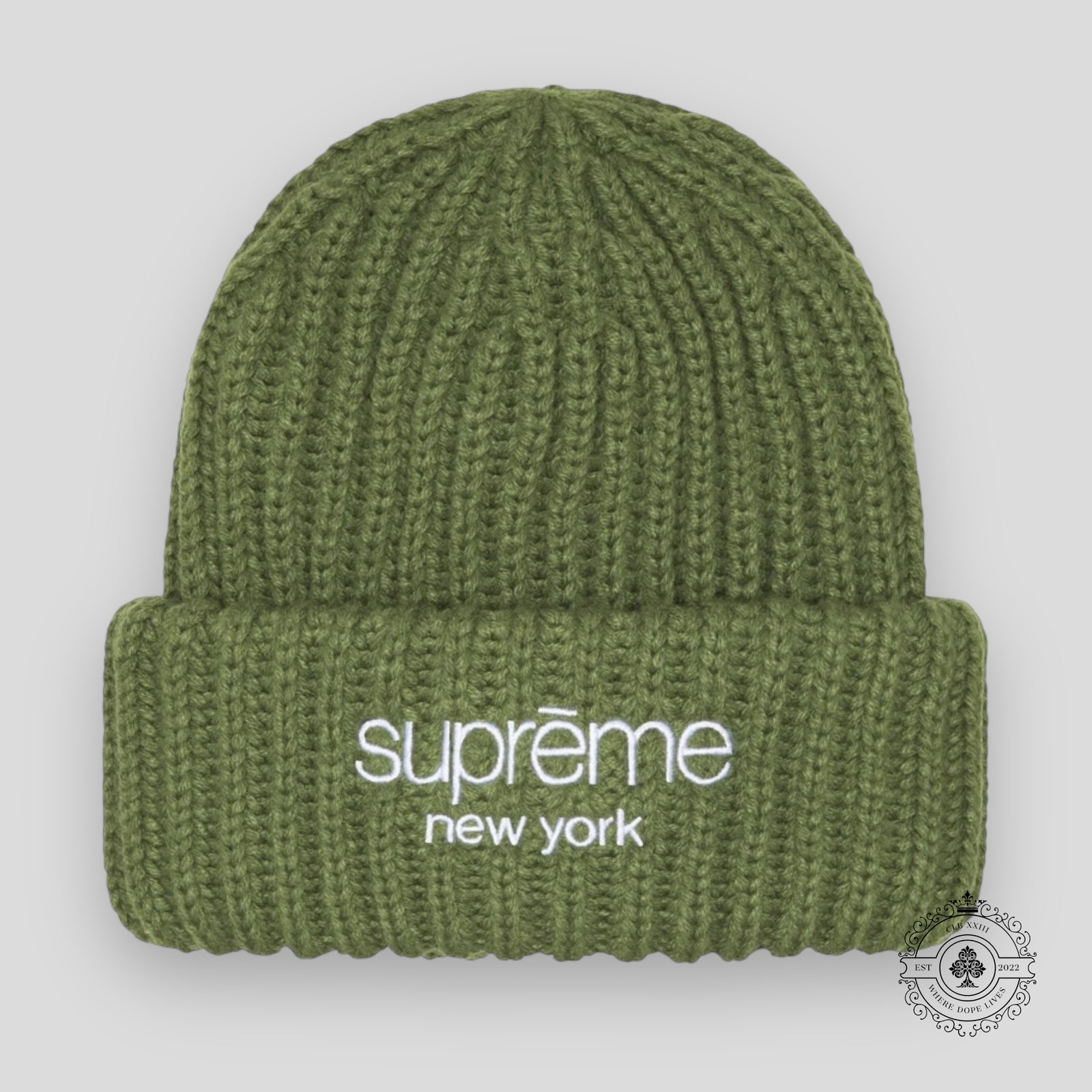 Supreme Classic Logo Chunky Ribbed Beanie in Olive