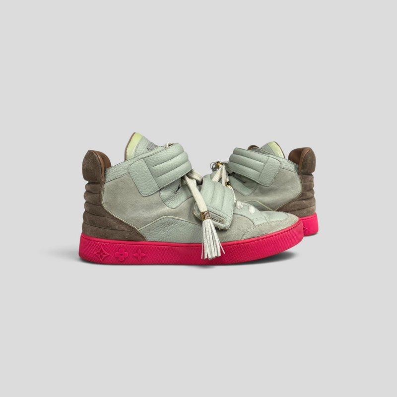 CLB XXIII Louis Vuitton X Kanye West Jasper sneakers in grey leather and suede with a vibrant pink sole