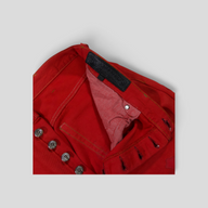 CLB XXIII Chrome Hearts Levi red cotton jeans featuring silver button fly and black leather interior branding label