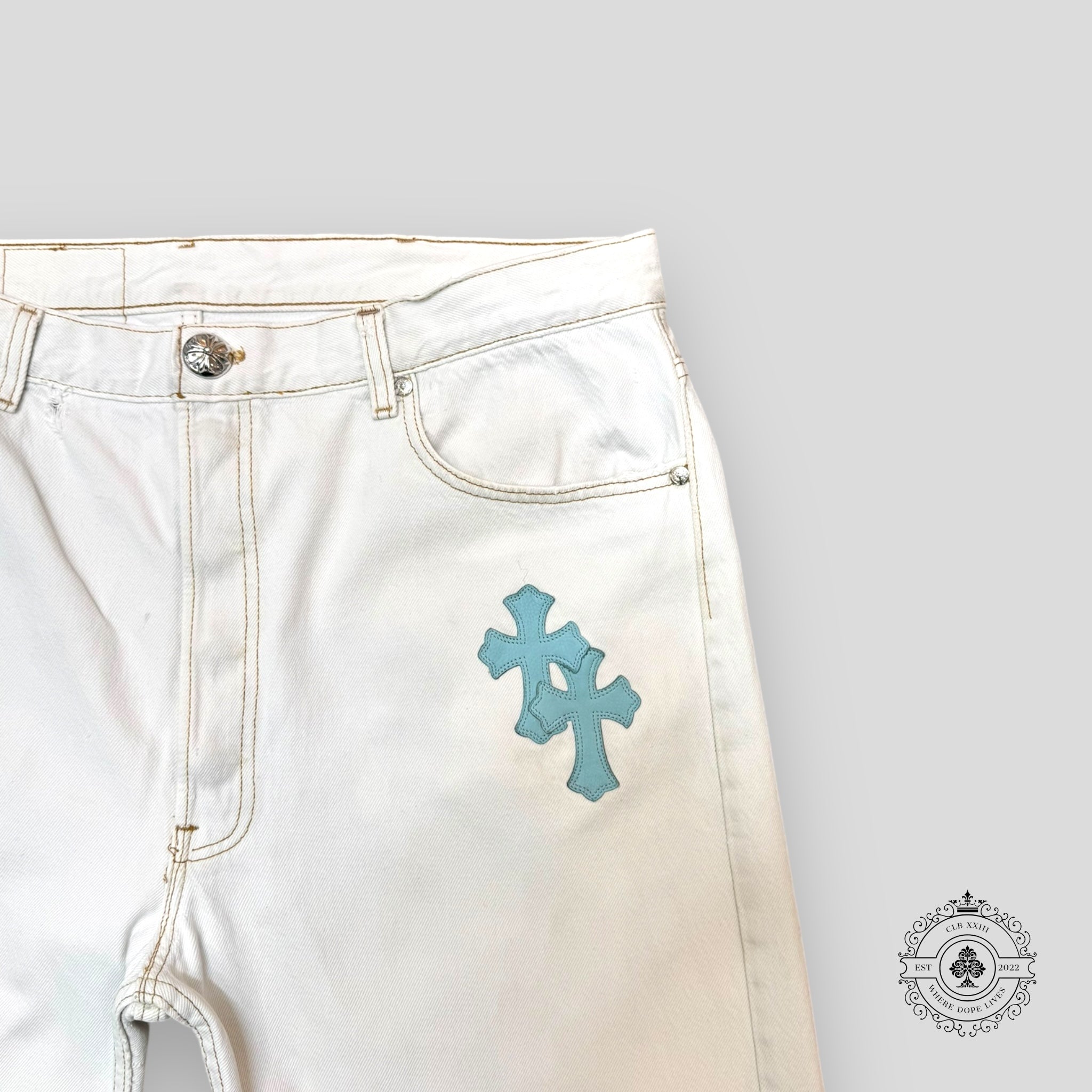 Chrome Hearts Cross Patch Jeans in White / Blue