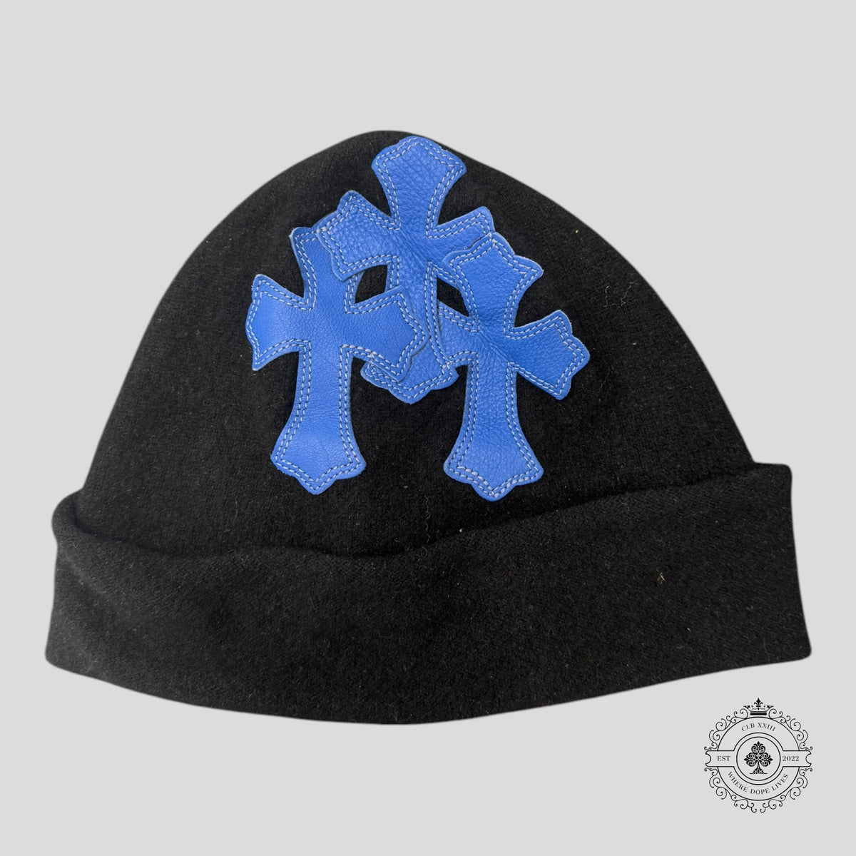 Chrome Hearts Leather Cross Patch Cashmere Beanie in Black / Blue