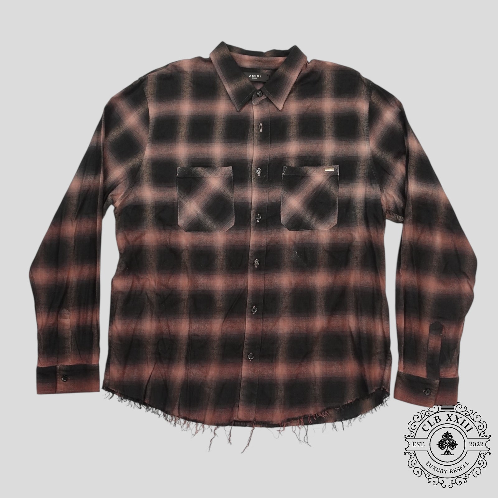 Amiri Distressed Plaid Button Up in Brown