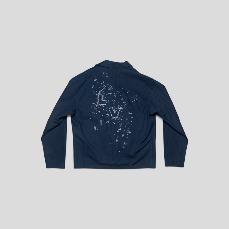 CLB XXIII Louis Vuitton black cotton overshirt jacket featuring white LV stitch spread pattern on the back