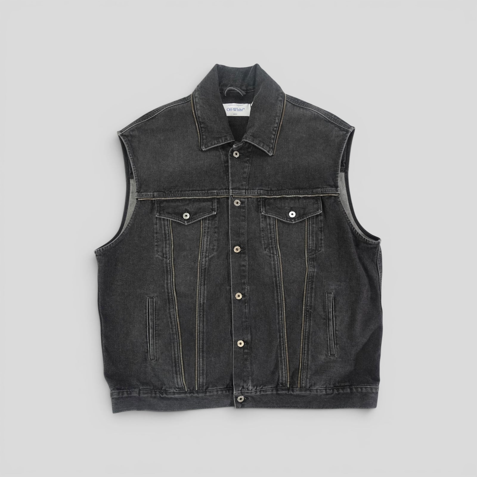 Off White Zipper Embellished Denim Vest in Black