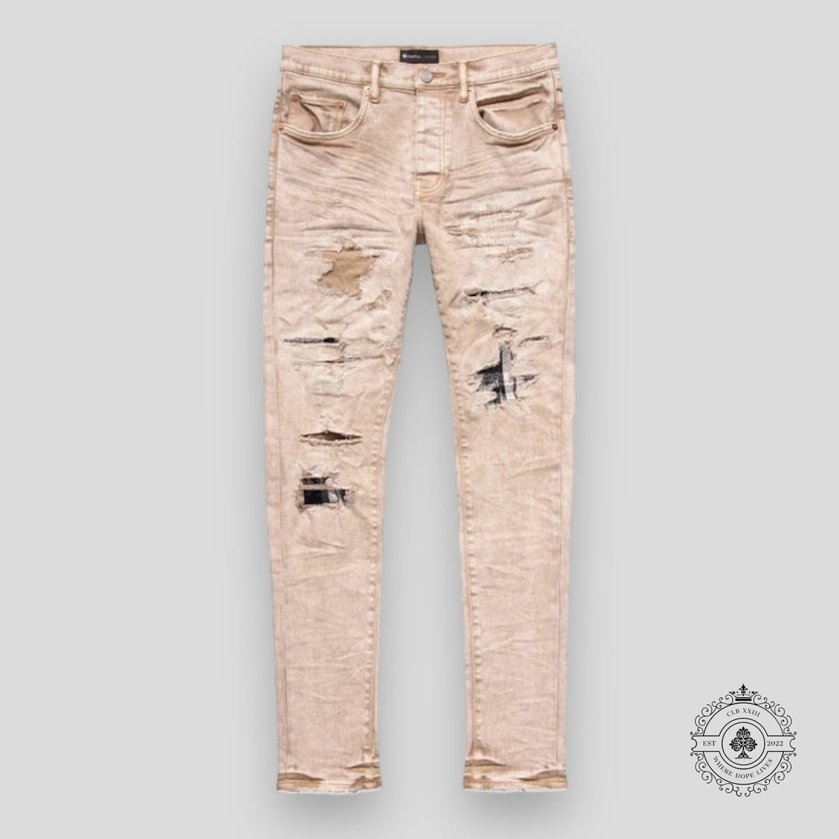 Purple Brand Heavy Repair Plaid Patch Denim Jeans in Beige