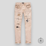 Purple Brand Heavy Repair Plaid Patch Denim Jeans in Beige
