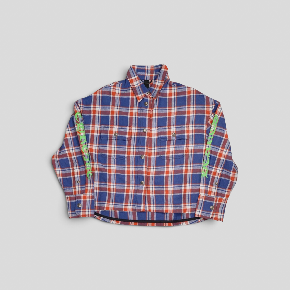 CLB XXIII Chrome Hearts blue and red plaid cotton flannel shirt with green sleeve logo and silver button details