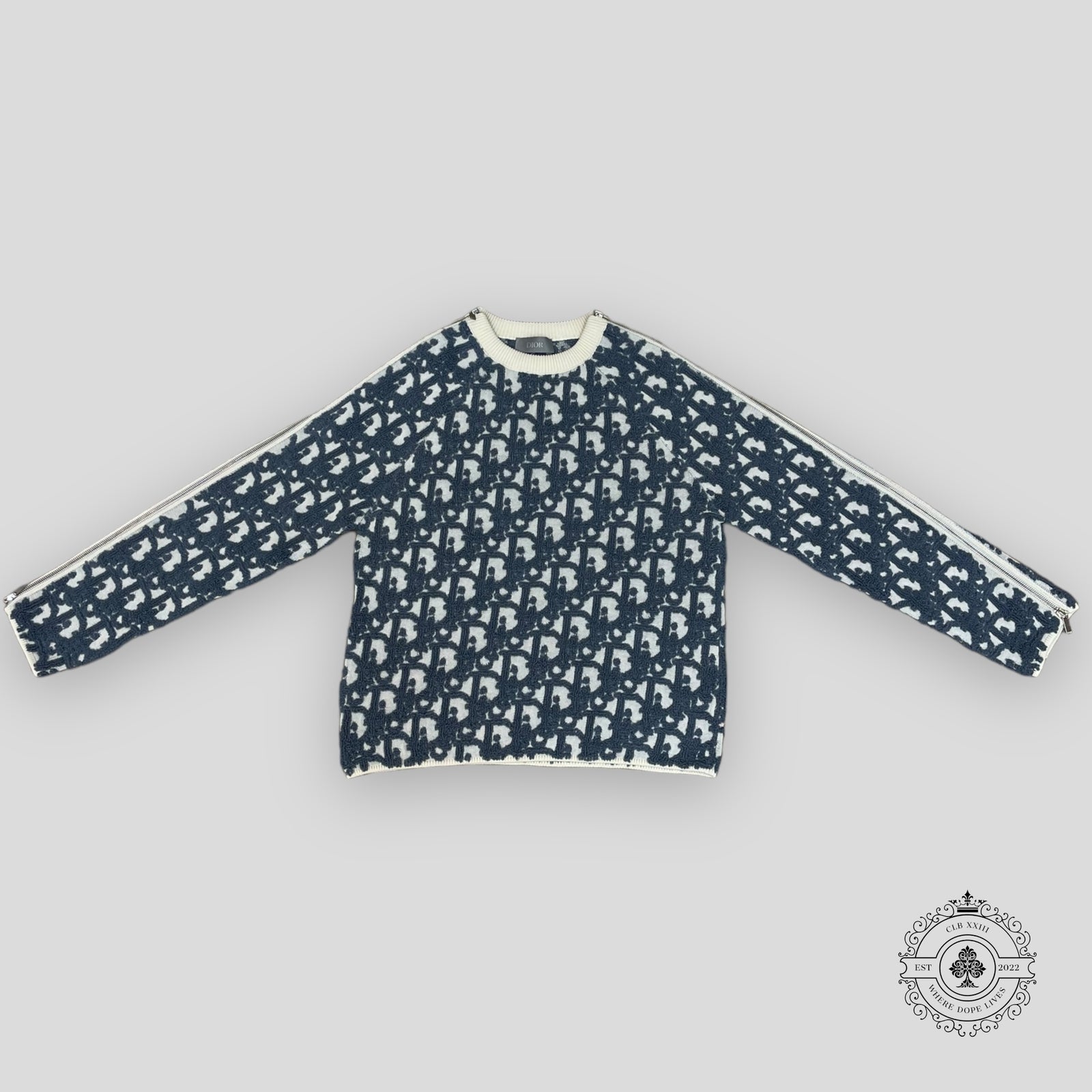 Dior Zip Sleeve Oblique Sweater in White/Blue