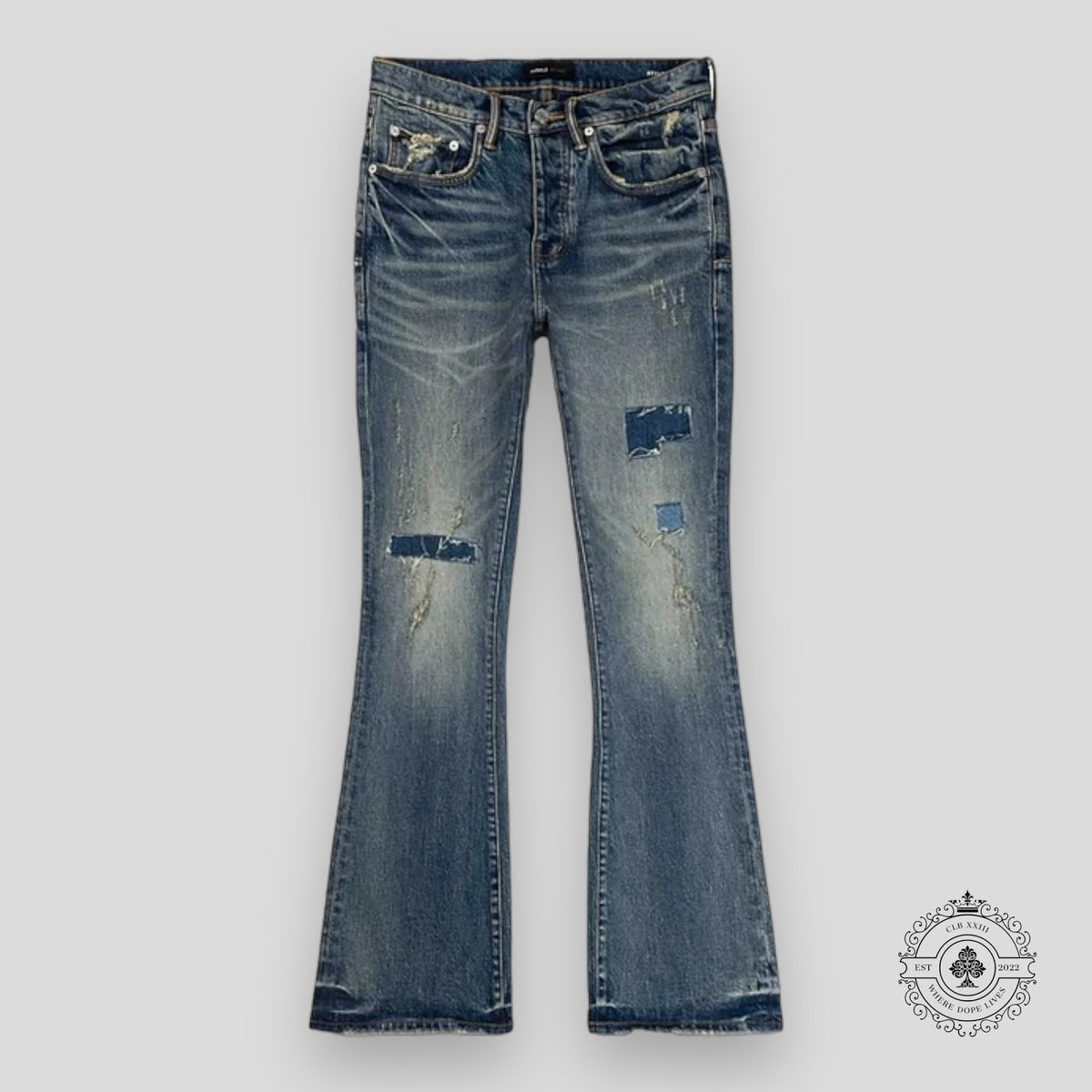 Purple Brand Mid Indigo Patch Repair Flare Jeans