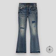 Purple Brand Mid Indigo Patch Repair Flare Jeans