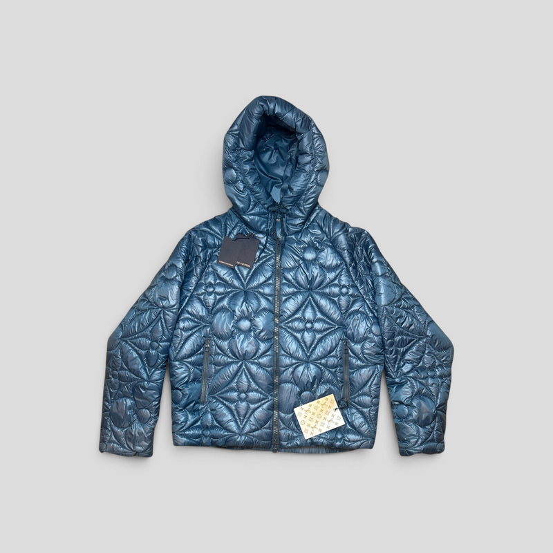 CLB XXIII Louis Vuitton blue quilted polyester hoodie jacket with signature LV flower pattern and front zip closure.