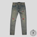Amiri MX1 Plaid Patch Jeans in Clay Indigo/Red
