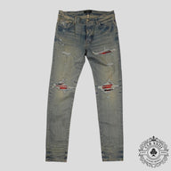 Amiri MX1 Plaid Patch Jeans in Clay Indigo/Red