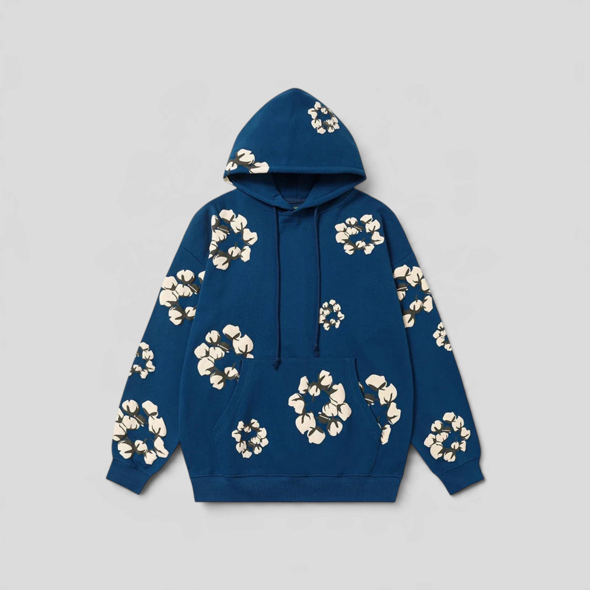 CLB XXIII Denim Tears x CPFM navy hoodie featuring a white floral wreath graphic print and a spacious front pocket.