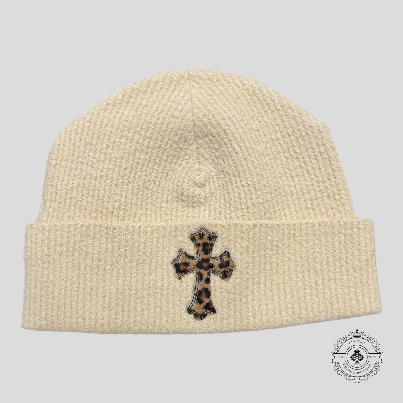 Chrome Hearts Pony Hair Cross Patch Beanie in Cream / Leopard
