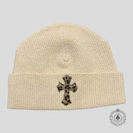 Chrome Hearts Pony Hair Cross Patch Beanie in Cream / Leopard