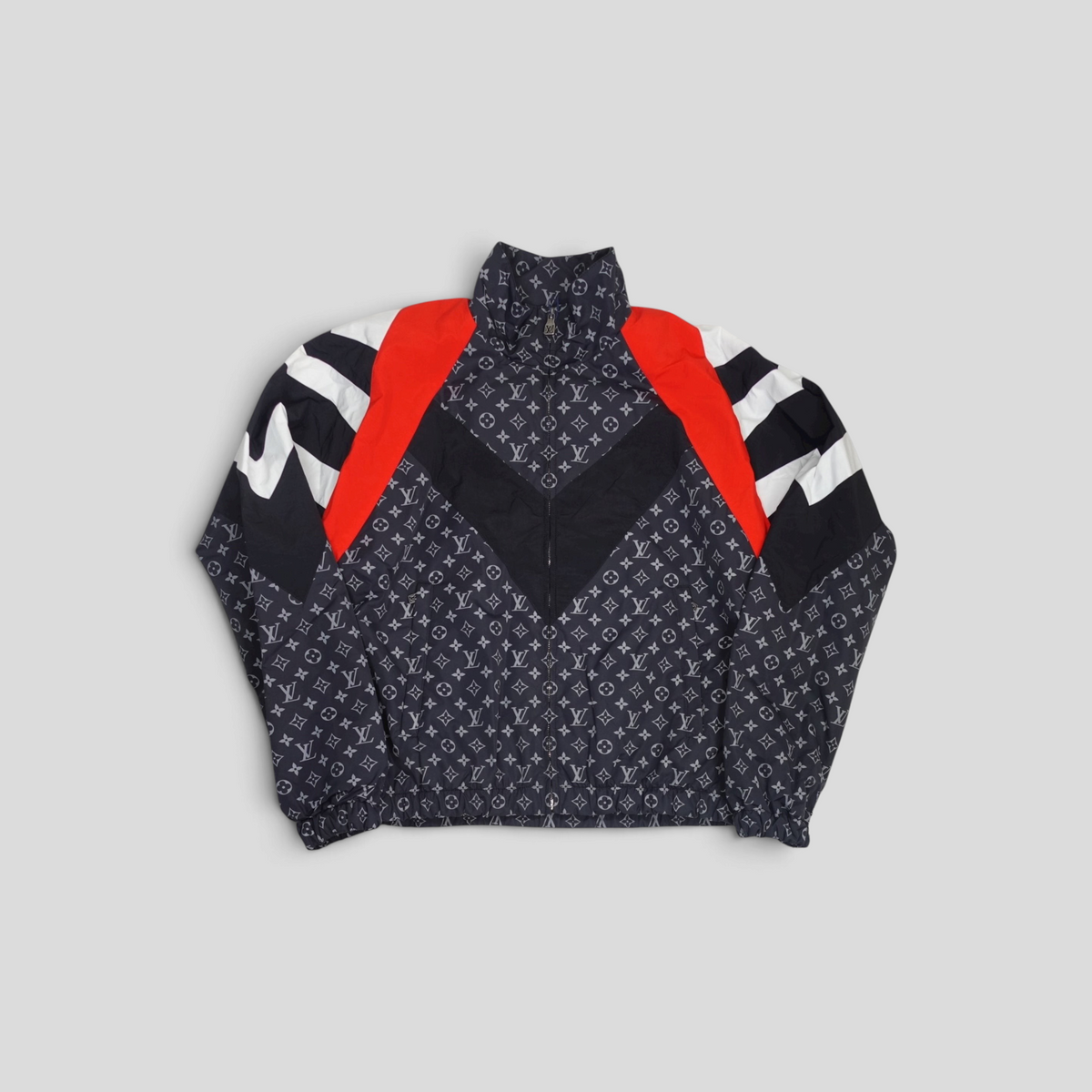 CLB XXIII Louis Vuitton black nylon track top with white and red accents and signature monogram print