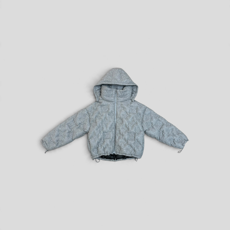 CLB XXIII Louis Vuitton grey cashmere and cotton monogram puffer jacket with hood and front zipper