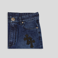 CLB XXIII Chrome Hearts dark wash denim shorts featuring black leather cross patches and silver hardware details.