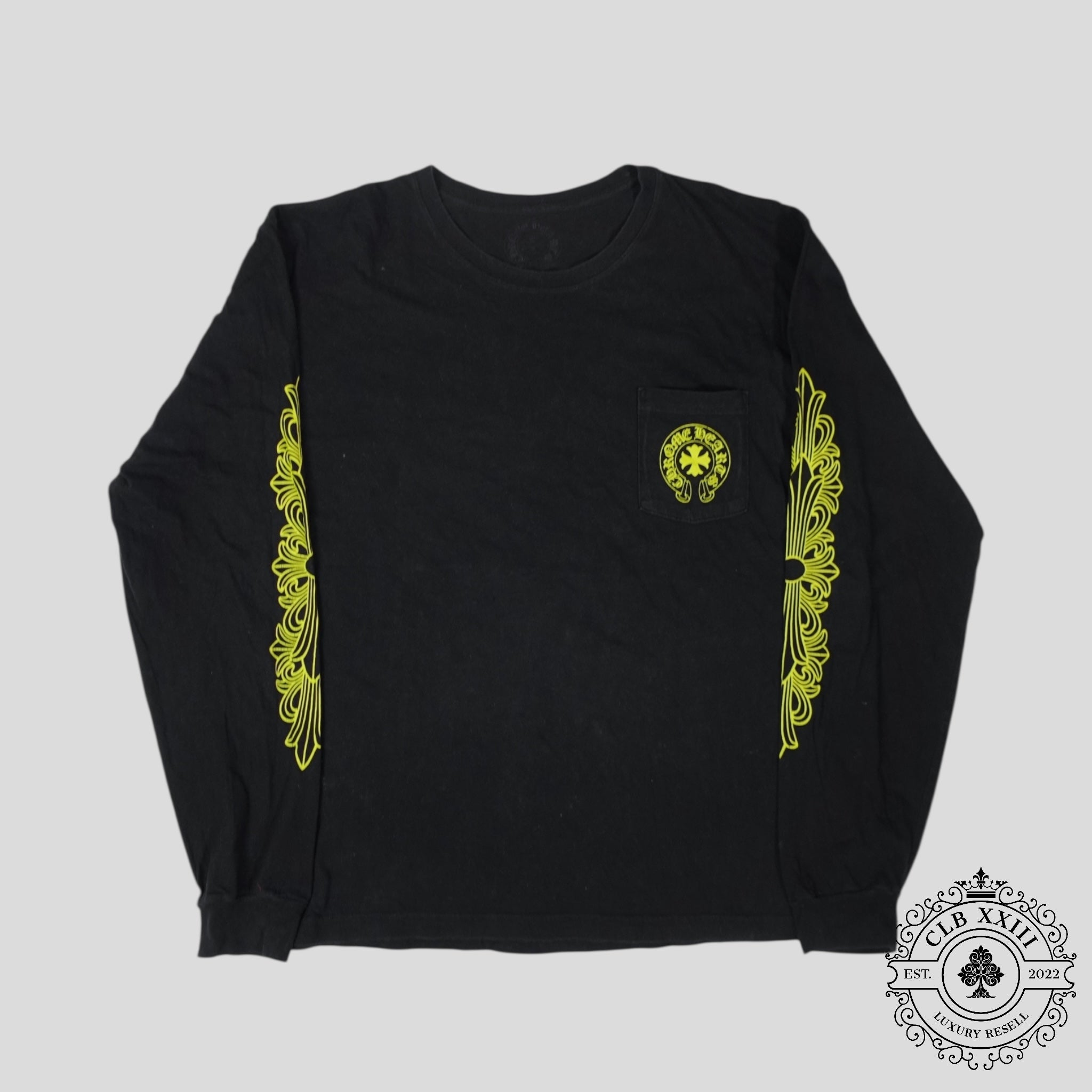 Chrome Hearts Eyechart Long Sleeve Shirt in Black/ Neon Green