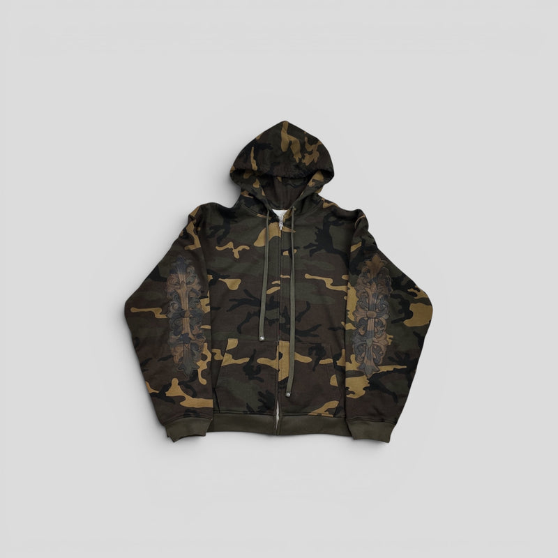 Chrome Hearts Camo Leather Patch Thermal Zip Up Hoodie