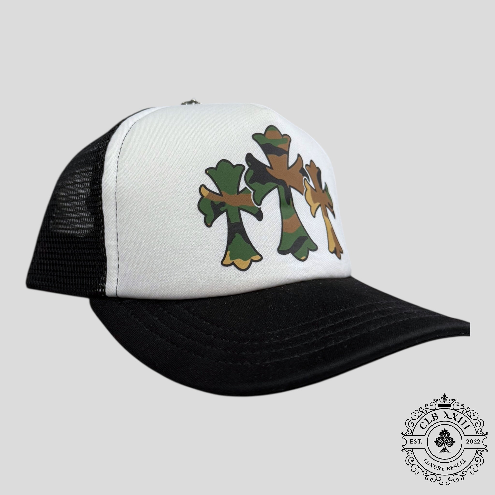 Chrome Hearts Triple Cross Trucker Hat in Black / Camo