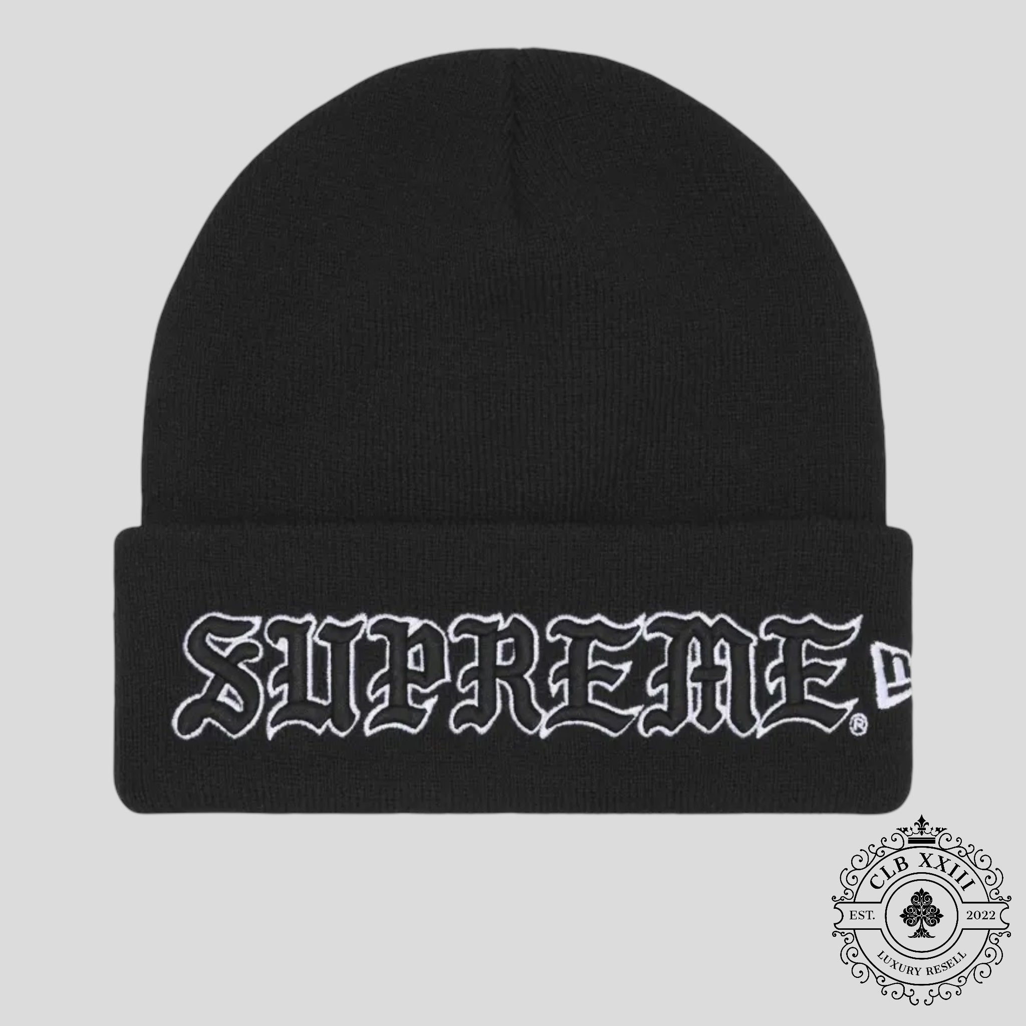 Supreme New Era Old English Beanie in Black