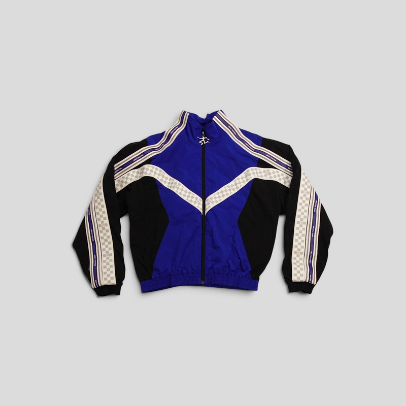 CLB XXIII Louis Vuitton blue and black technical track jacket with Damier checkerboard sleeve detailing