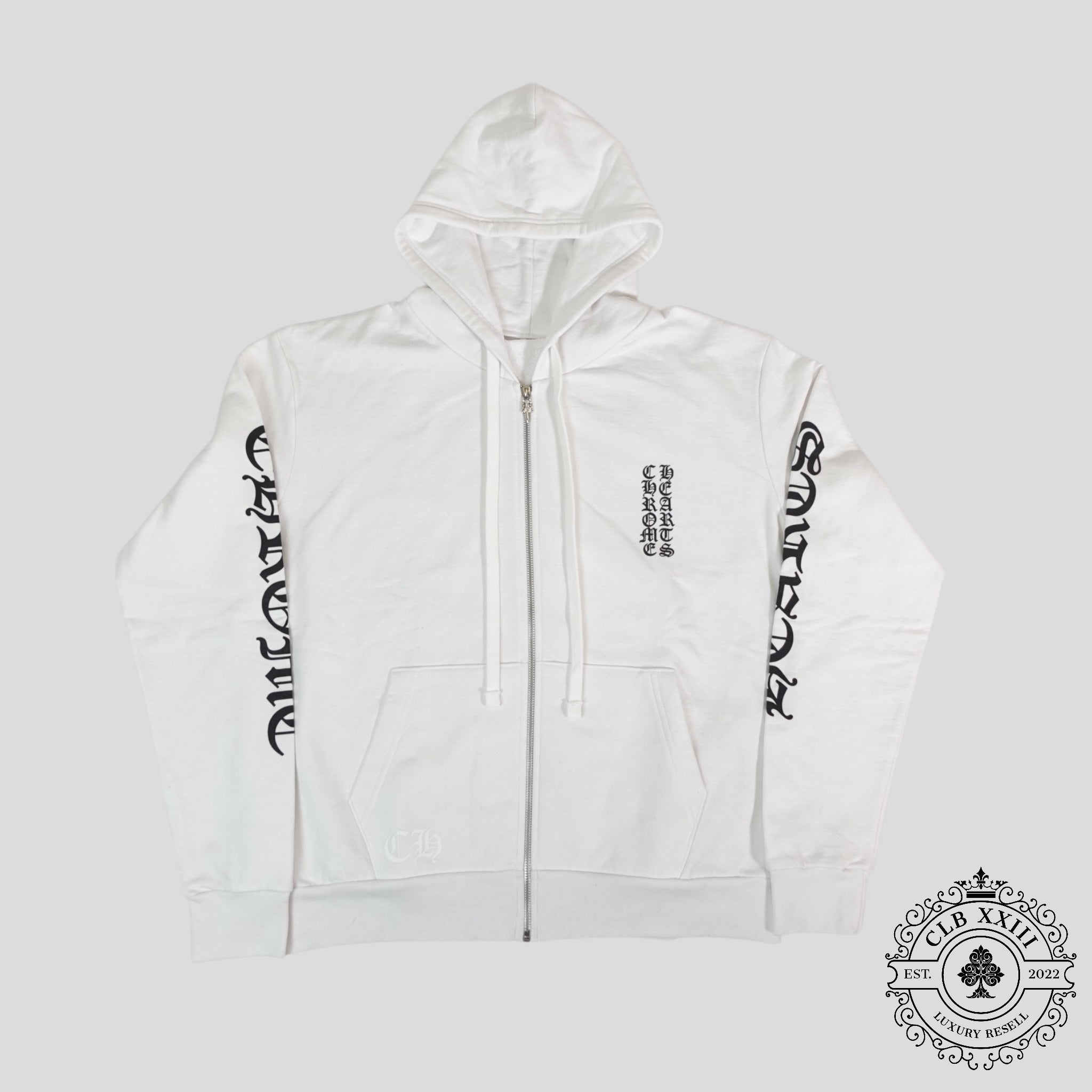 Chrome Hearts Vertical Logo Zip Up Hoodie in White