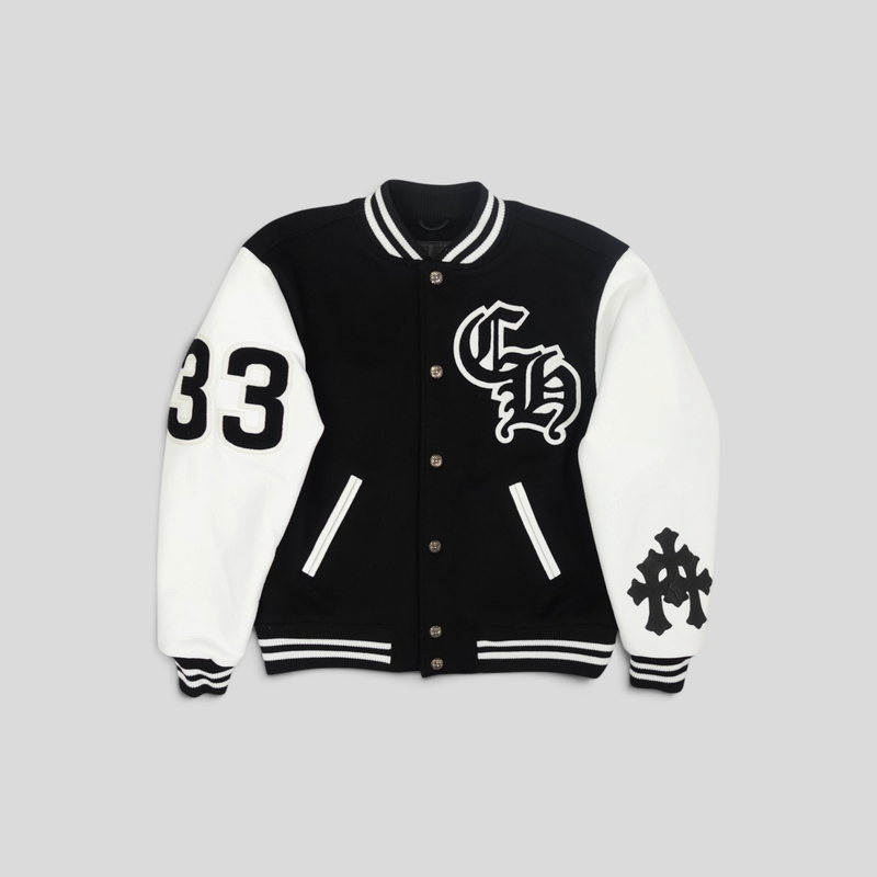 CLB XXIII Chrome Hearts varsity jacket in black and white wool with leather sleeves, eagle patch, and number 33