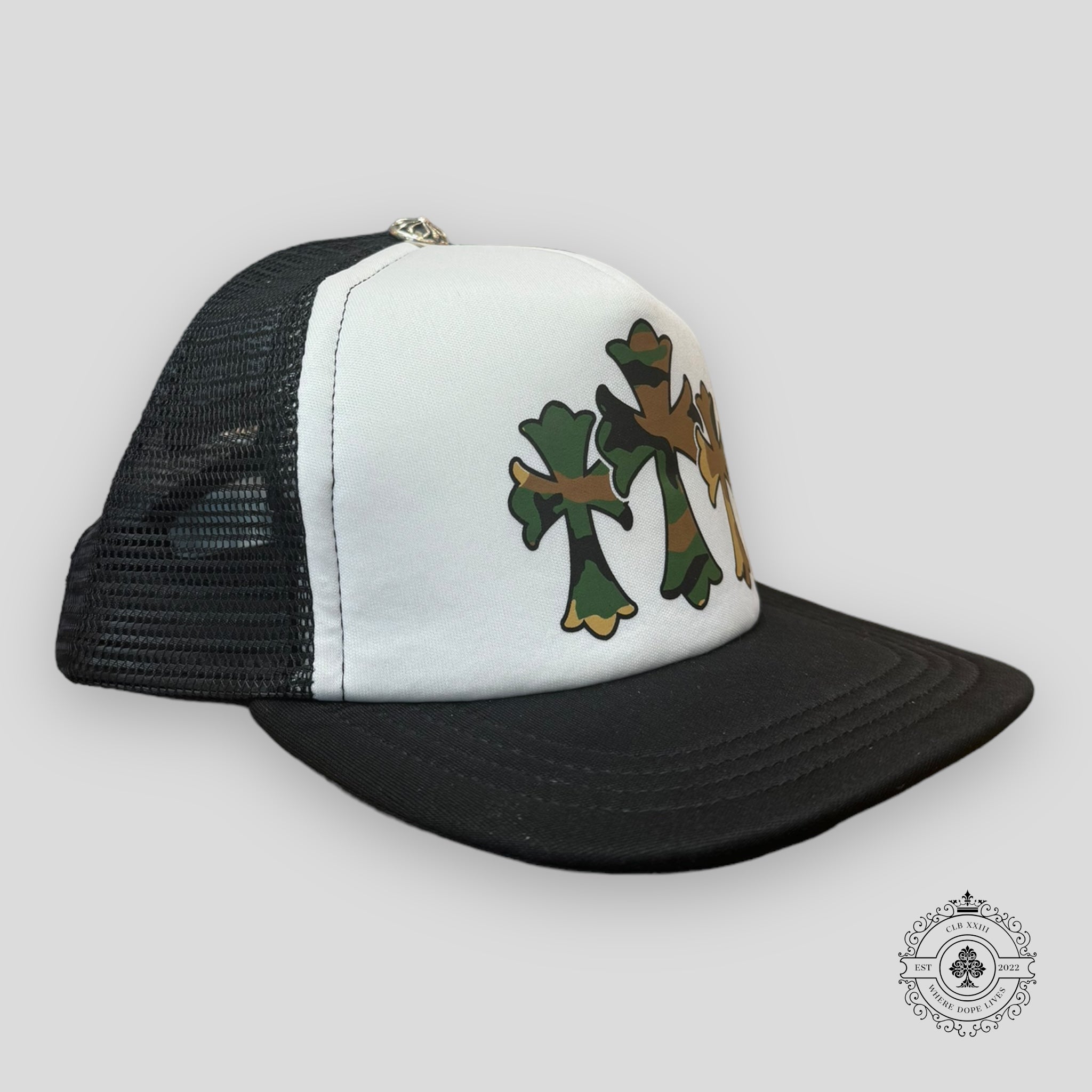 Chrome Hearts Triple Cross Trucker Hat in White / Camo