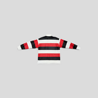 CLB XXIII Louis Vuitton long-sleeved lambskin leather rugby polo in a red, black, and white striped intarsia pattern.