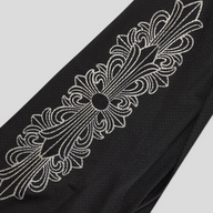CLB XXIII black nylon mesh pants featuring a detailed white ornate cross graphic print on the leg