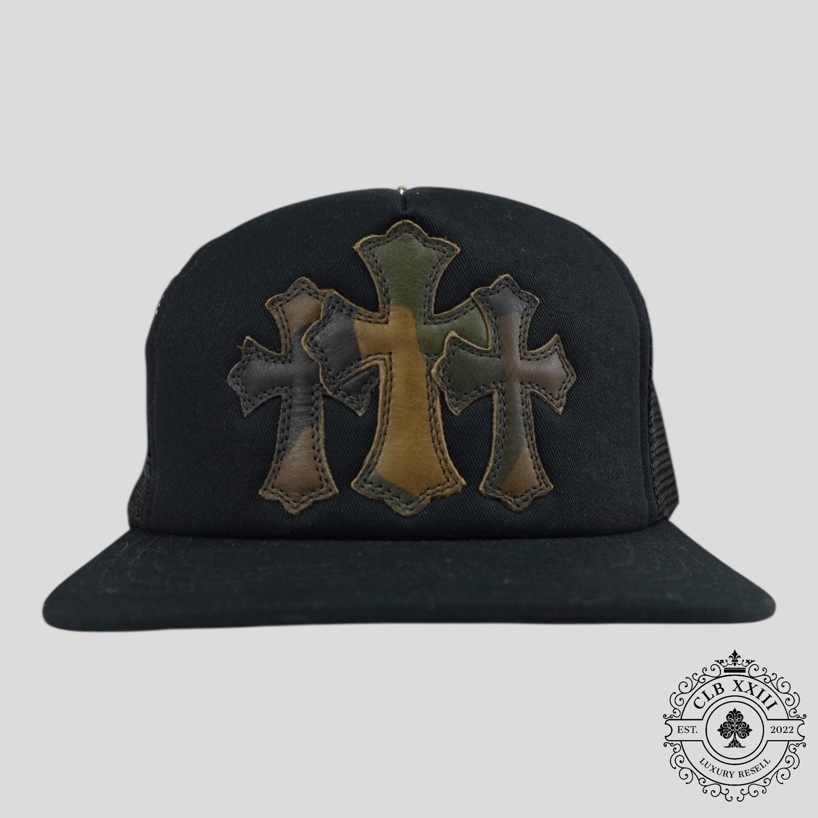 Chrome Hearts Leather Triple Cross Trucker Hat in Black/Camo