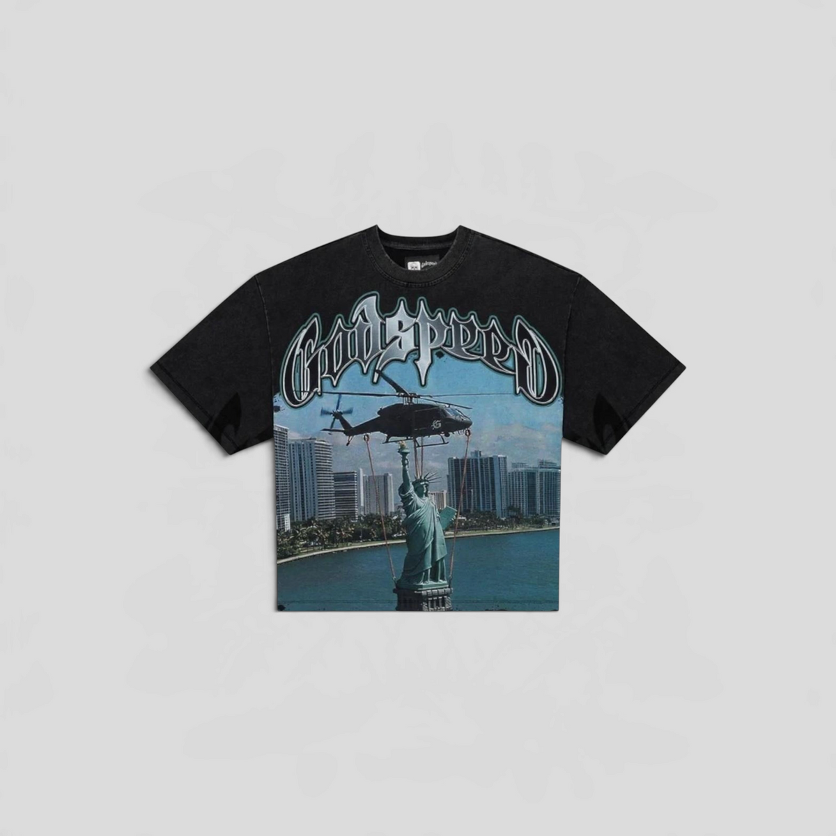 CLB XXIII black wash cotton t-shirt featuring a graphic print of a helicopter lifting the Statue of Liberty