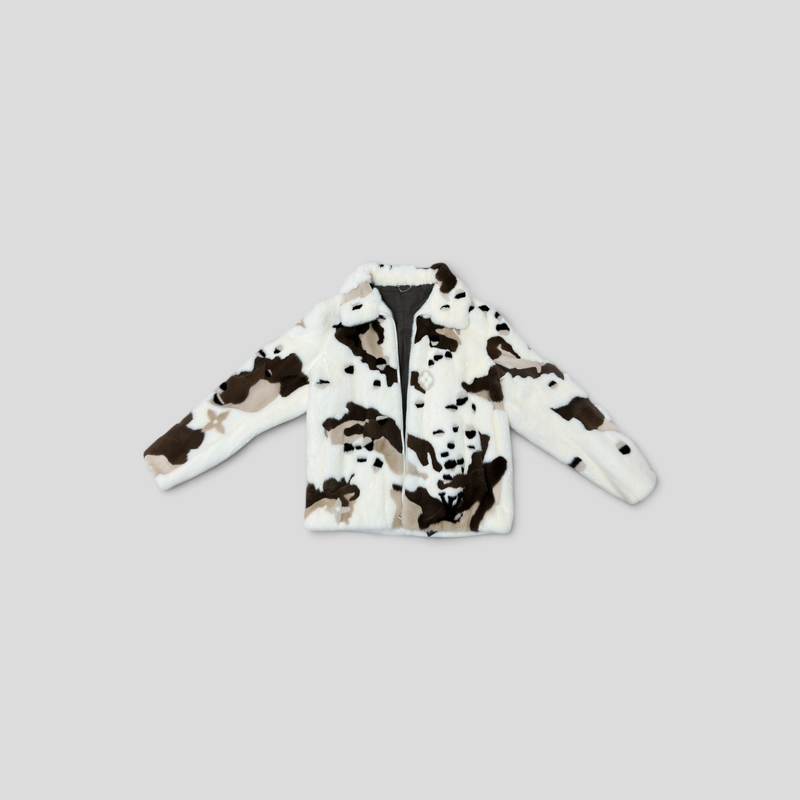 CLB XXIII Louis Vuitton white and brown camo mink fur jacket with monogram details and front zip closure