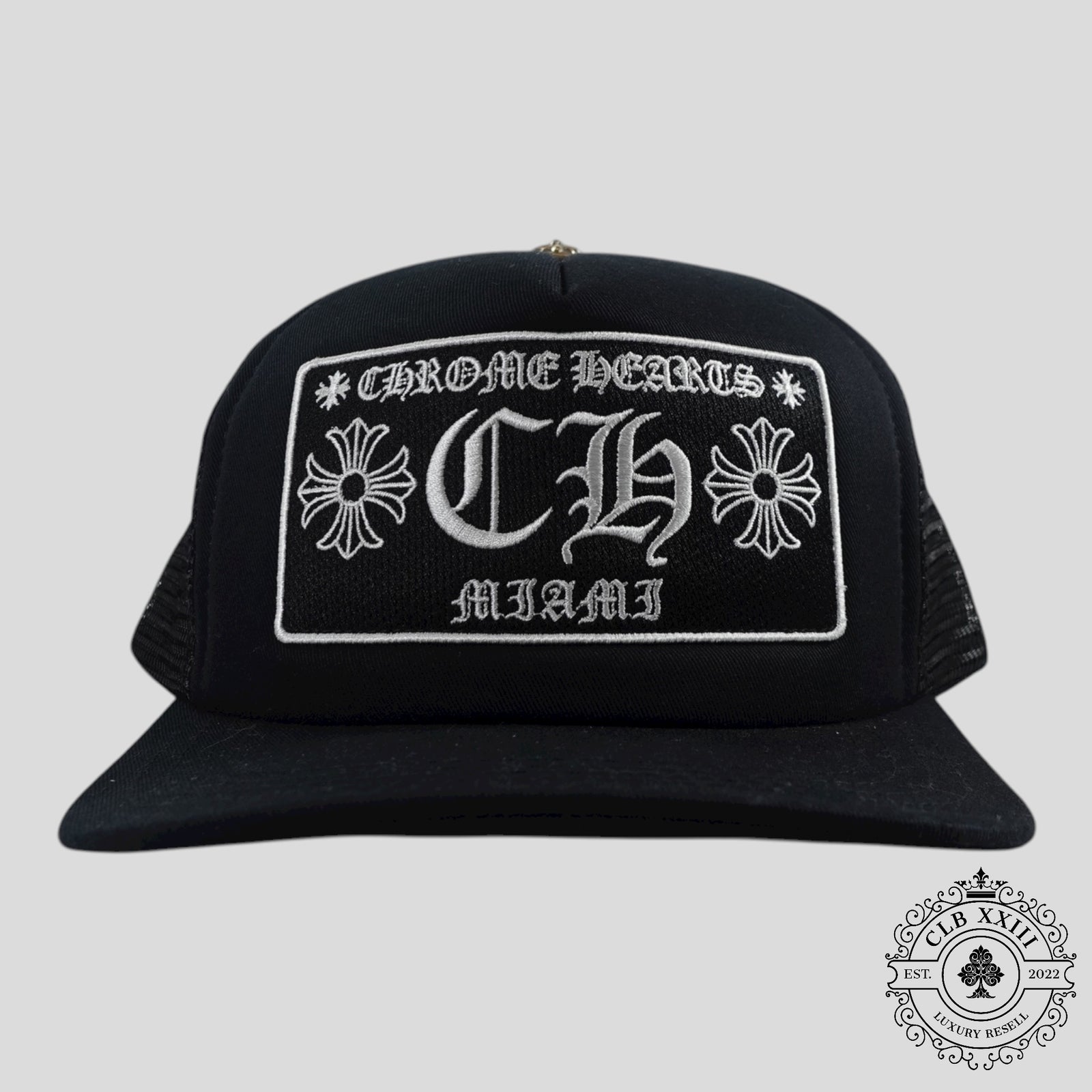 Chrome Hearts Miami Exclusive CH Patch Trucker Hat in Black