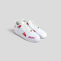 CLB XXIII custom white Air Force 1 sneakers featuring Matty Boy Sadistic Lips artwork and pink graffiti lettering