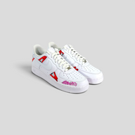CLB XXIII custom white Air Force 1 sneakers featuring Matty Boy Sadistic Lips artwork and pink graffiti lettering