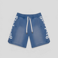 CLB XXIII Godspeed CourtSide shorts in blue sun-fade cotton with white gothic side branding and drawstring waist