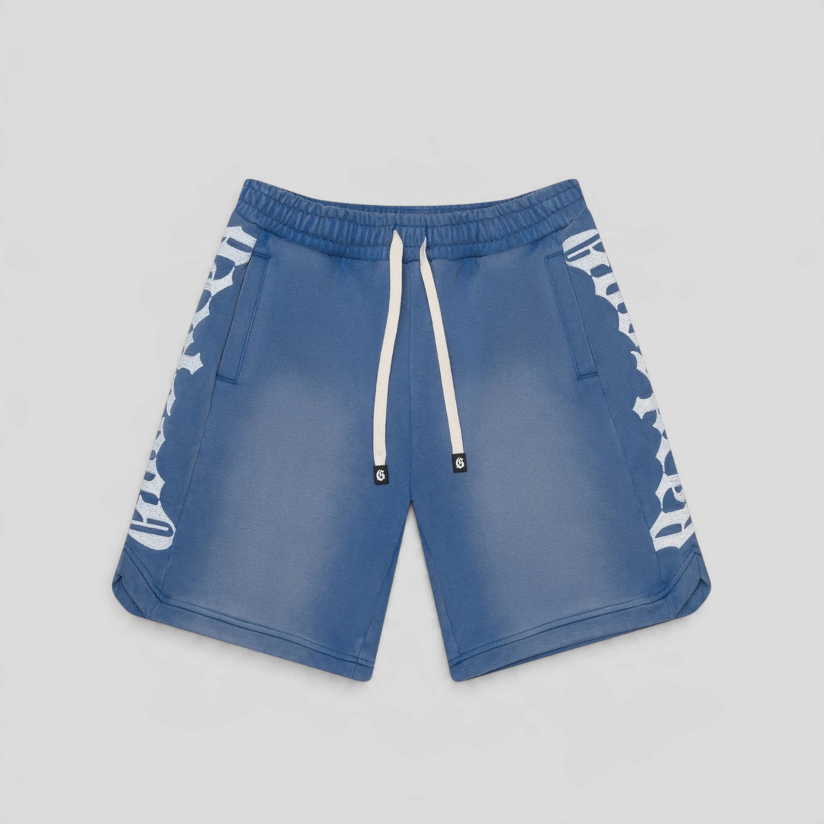 CLB XXIII Godspeed CourtSide shorts in blue sun-fade cotton with white gothic side branding and drawstring waist