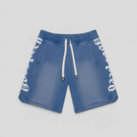 CLB XXIII Godspeed CourtSide shorts in blue sun-fade cotton with white gothic side branding and drawstring waist