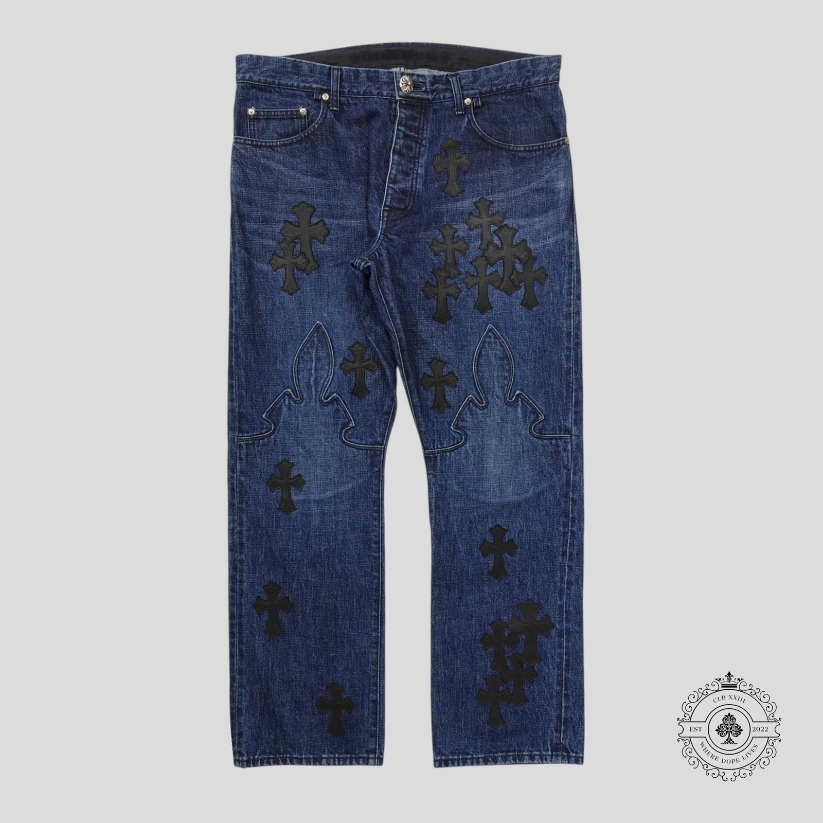 Chrome Hearts Fleur Knee Cross Patch Jeans in Dark Wash/Black