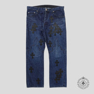 Chrome Hearts Fleur Knee Cross Patch Jeans in Dark Wash/Black