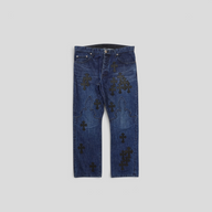 CLB XXIII Chrome Hearts dark wash denim jeans featuring black leather fleur knee cross patches in 100% cotton