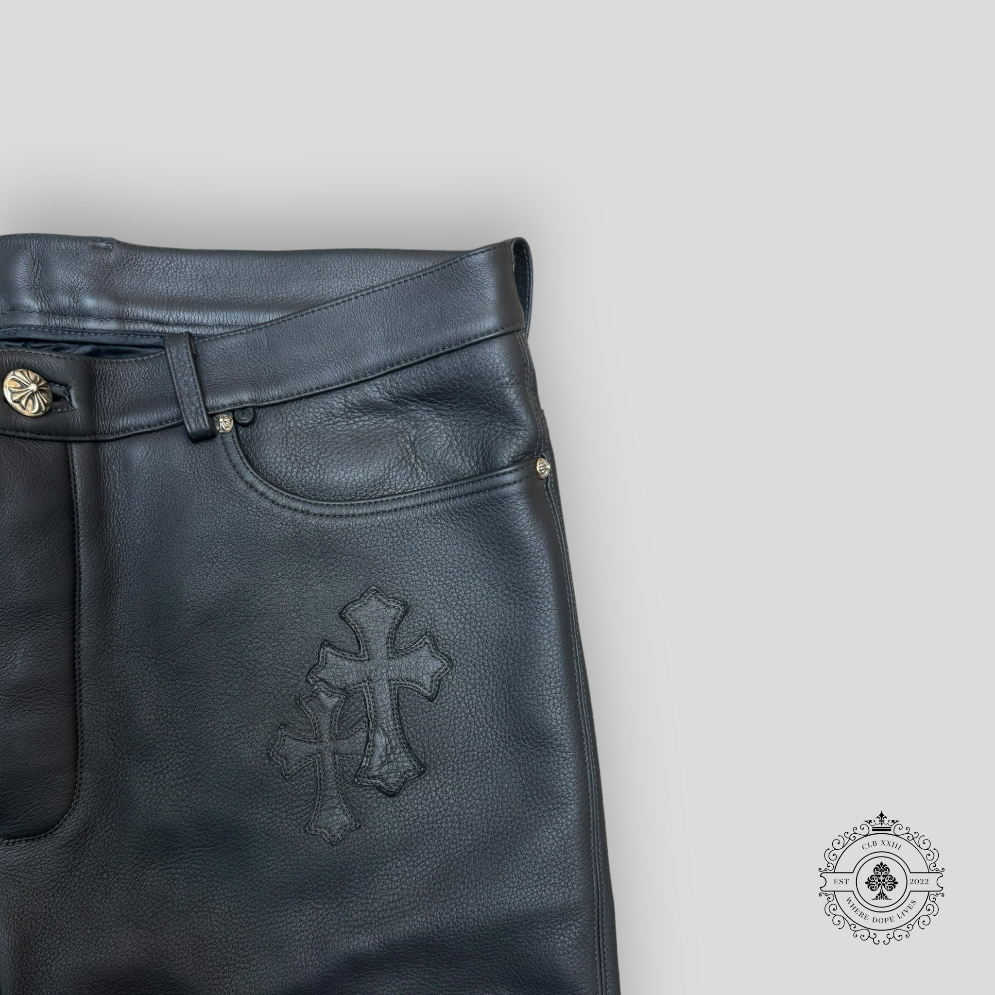 Chrome Hearts Fleur Knee Cross Patch Leather Pants