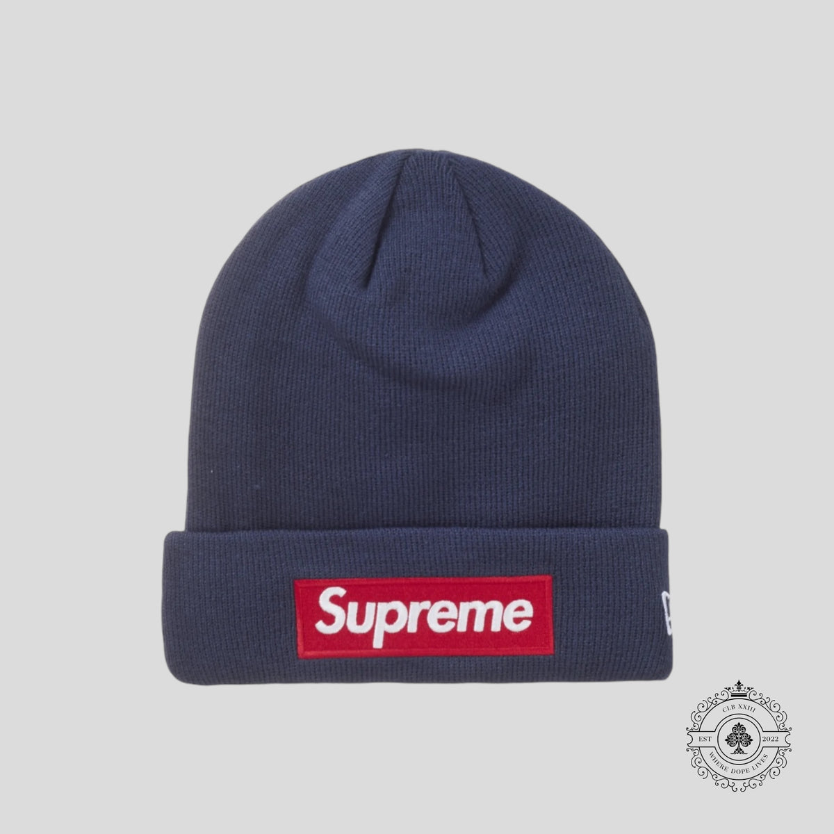 Supreme New Era Box Logo Beanie (FW24) in Navy
